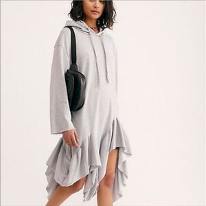 Elegant Gray Ruffled Hem Hoodie Dress